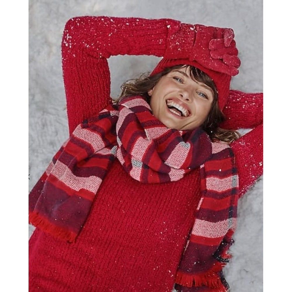 NWT  J. Jill  Ruby Red Fringed Plaid Rectangular Scarf‎